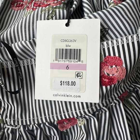 NWT Calvin Klein Striped Floral Embroidery Tie Waist Knee Length Dress Size 6 - Picture 4 of 11